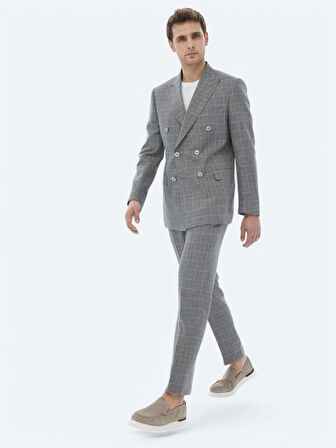 Gri Kareli Slim Fit Pamuk Karışımlı Takım Elbise