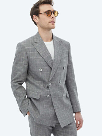 Gri Kareli Slim Fit Pamuk Karışımlı Takım Elbise