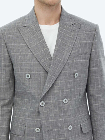 Gri Kareli Slim Fit Pamuk Karışımlı Takım Elbise