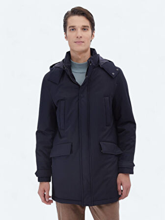 Lacivert Regular Fit Kapüşonlu Casual Dokuma Kaban