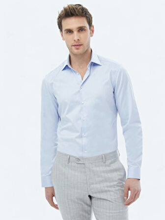 Mavi Düz Slim Fit Dokuma Klasik %100 Pamuk Gömlek