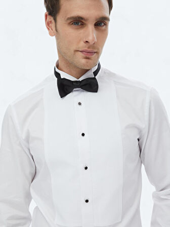 Beyaz Düz Slim Fit Duble Manşet Ata Yaka Smokin Gömlek