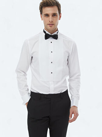Beyaz Düz Slim Fit Duble Manşet Ata Yaka Smokin Gömlek