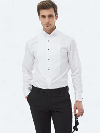 Beyaz Düz Slim Fit Duble Manşet Ata Yaka Smokin Gömlek