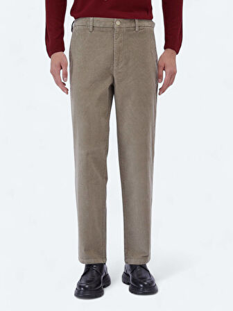 Bej Dokuma Loose Fit Kadife Casual Pamuk Karışımlı Pantolon