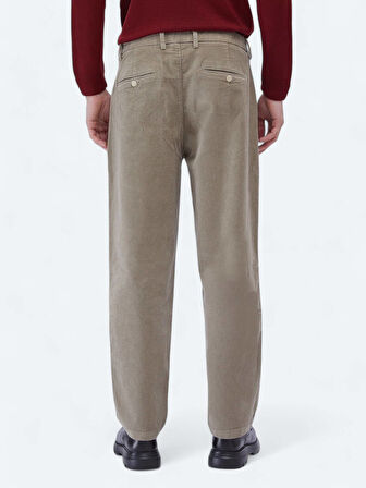 Bej Dokuma Loose Fit Kadife Casual Pamuk Karışımlı Pantolon