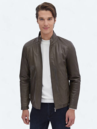 Vizon Regular Fit Dik Yaka Smart Casual Koyun Derisi Deri Mont