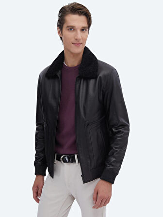 Siyah Regular Fit Smart Casual Koyun Derisi Deri Mont