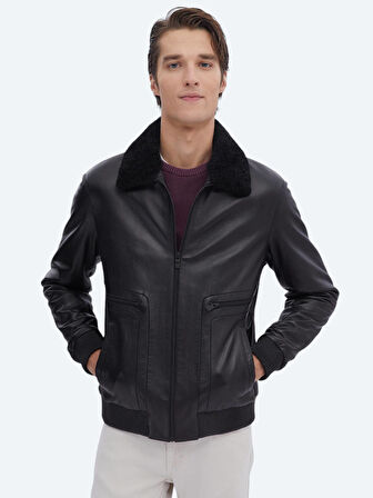 Siyah Regular Fit Smart Casual Koyun Derisi Deri Mont