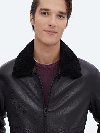 Siyah Regular Fit Smart Casual Koyun Derisi Deri Mont