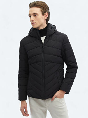 Siyah Regular Fit Kapüşonlu Casual Dokuma Mont