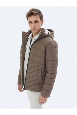 Bej Regular Fit Kapüşonlu Casual Dokuma Mont