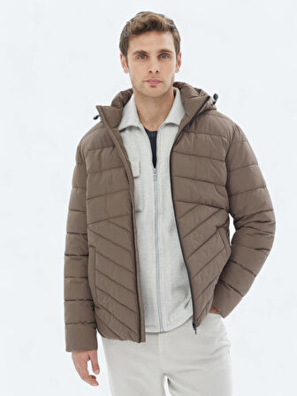 Bej Regular Fit Kapüşonlu Casual Dokuma Mont
