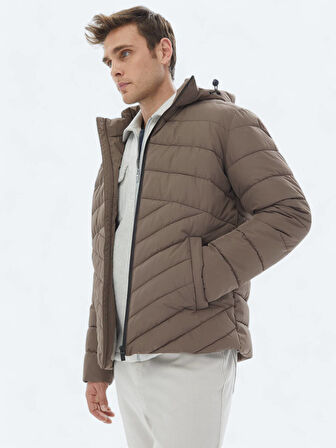Bej Regular Fit Kapüşonlu Casual Dokuma Mont