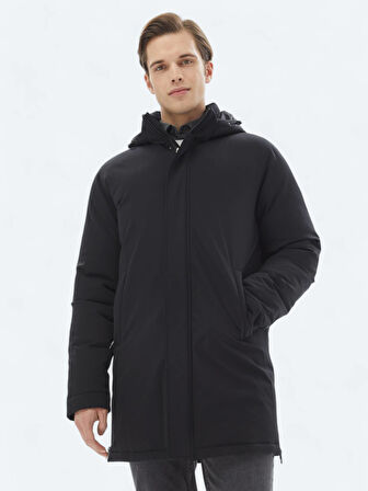 Siyah Comfort Fit Kapüşonlu Casual Dokuma Kaban