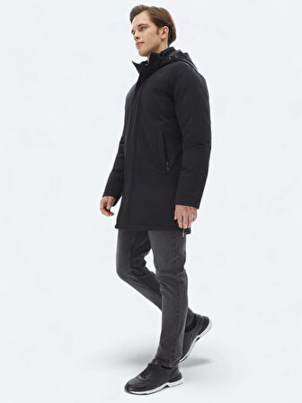 Siyah Comfort Fit Kapüşonlu Casual Dokuma Kaban