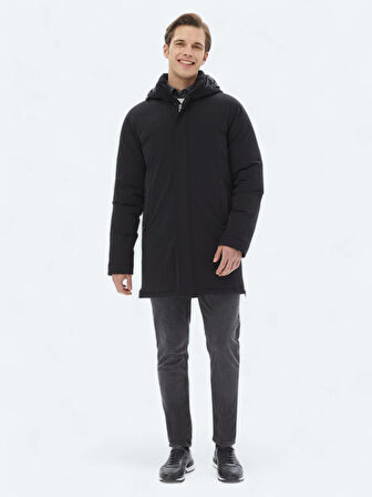 Siyah Comfort Fit Kapüşonlu Casual Dokuma Kaban