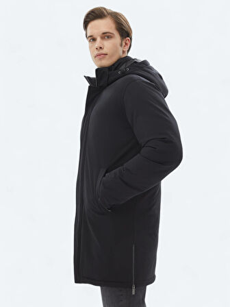 Siyah Comfort Fit Kapüşonlu Casual Dokuma Kaban