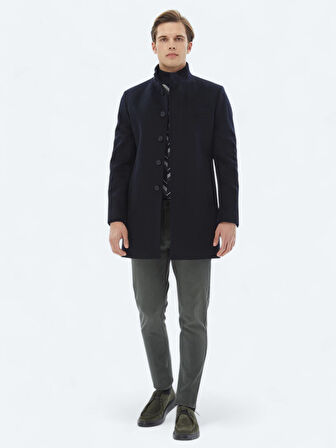 Lacivert Regular Fit Dik Yaka Klasik Dokuma Palto