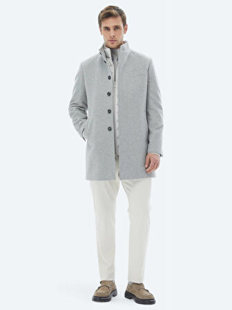 Gri Regular Fit Dik Yaka Klasik Dokuma Palto