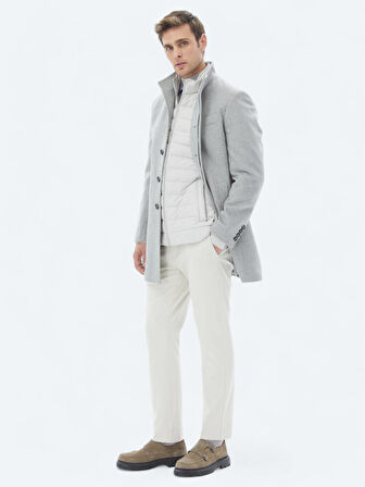 Gri Regular Fit Dik Yaka Klasik Dokuma Palto