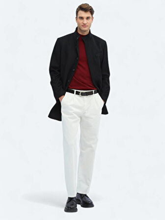 Siyah Regular Fit Dik Yaka Klasik Dokuma Palto