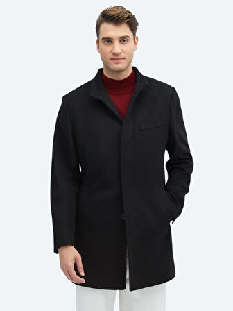 Siyah Regular Fit Dik Yaka Klasik Dokuma Palto