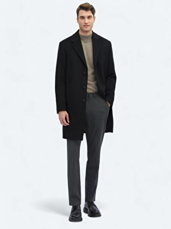 Siyah Regular Fit Kelebek Yaka Klasik Dokuma Palto