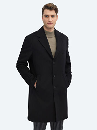 Siyah Regular Fit Kelebek Yaka Klasik Dokuma Palto