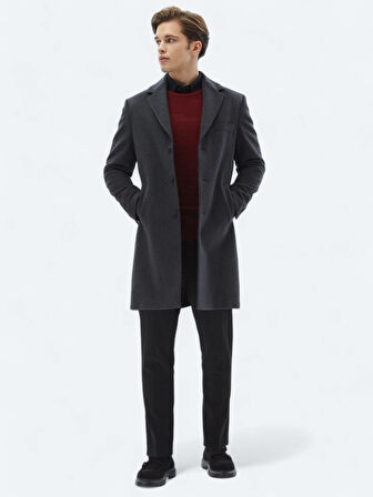 Antrasit Regular Fit Kelebek Yaka Klasik Dokuma Palto