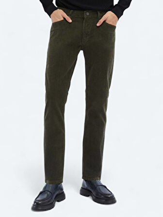 Haki Dokuma Slim Fit Kadife Casual Pamuk Karışımlı Pantolon