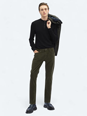 Haki Dokuma Slim Fit Kadife Casual Pamuk Karışımlı Pantolon