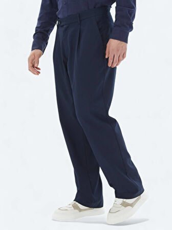 Lacivert Dokuma Loose Fit Casual Pantolon