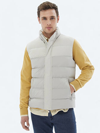 Bej Regular Fit Dik Yaka Casual Dokuma Spor Yelek
