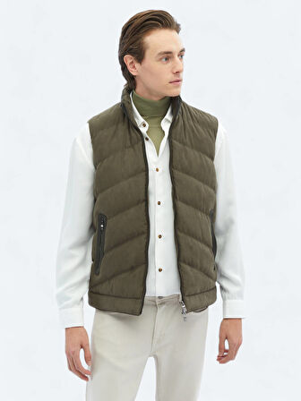 Haki Regular Fit Dik Yaka Casual Dokuma Spor Yelek