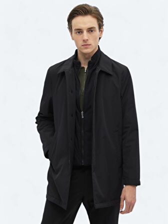 Siyah Regular Fit Bebe Yaka Casual Dokuma Pardesü