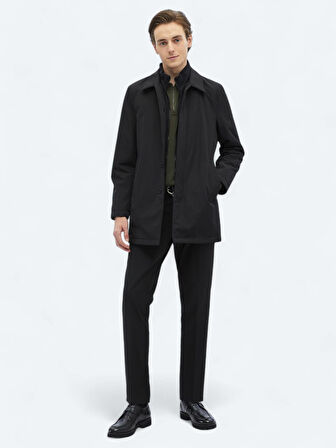 Siyah Regular Fit Bebe Yaka Casual Dokuma Pardesü