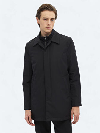 Siyah Regular Fit Bebe Yaka Casual Dokuma Pardesü