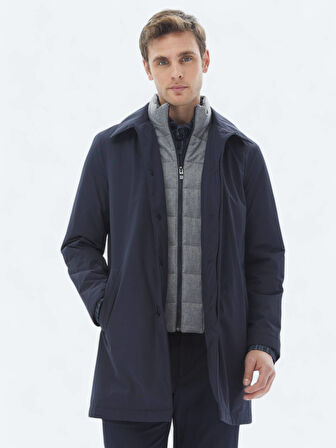 Lacivert Regular Fit Bebe Yaka Casual Dokuma Pardesü