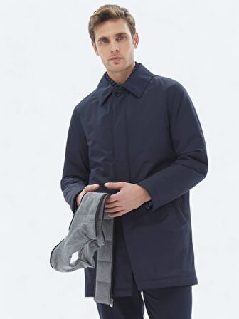 Lacivert Regular Fit Bebe Yaka Casual Dokuma Pardesü