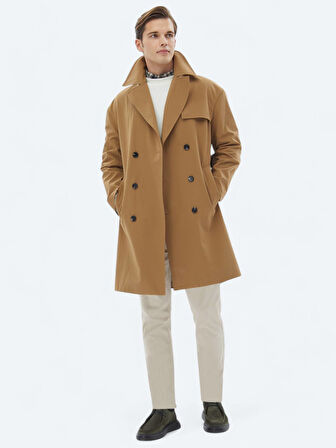 Deve Tüyü Oversize Fit Kruvaze Yaka Casual Dokuma Pardesü