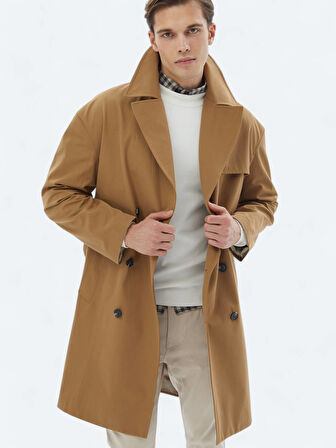 Deve Tüyü Oversize Fit Kruvaze Yaka Casual Dokuma Pardesü