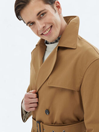 Deve Tüyü Oversize Fit Kruvaze Yaka Casual Dokuma Pardesü