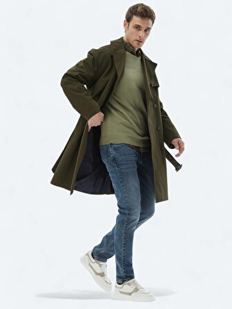 Haki Oversize Fit Kruvaze Yaka Casual Dokuma Pardesü