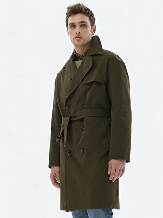 Haki Oversize Fit Kruvaze Yaka Casual Dokuma Pardesü