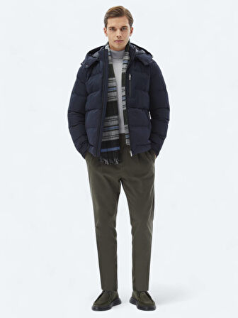 Lacivert Regular Fit Kapüşonlu Casual Dokuma Mont