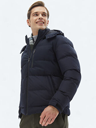 Lacivert Regular Fit Kapüşonlu Casual Dokuma Mont