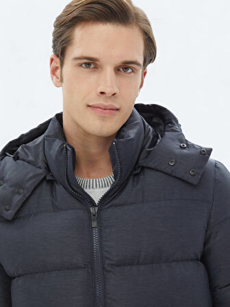 Lacivert Regular Fit Kapüşonlu Casual Dokuma Mont