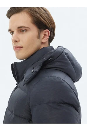 Lacivert Regular Fit Kapüşonlu Casual Dokuma Mont