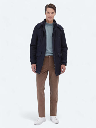 Lacivert Regular Fit Kapüşonlu Casual Dokuma Kaban